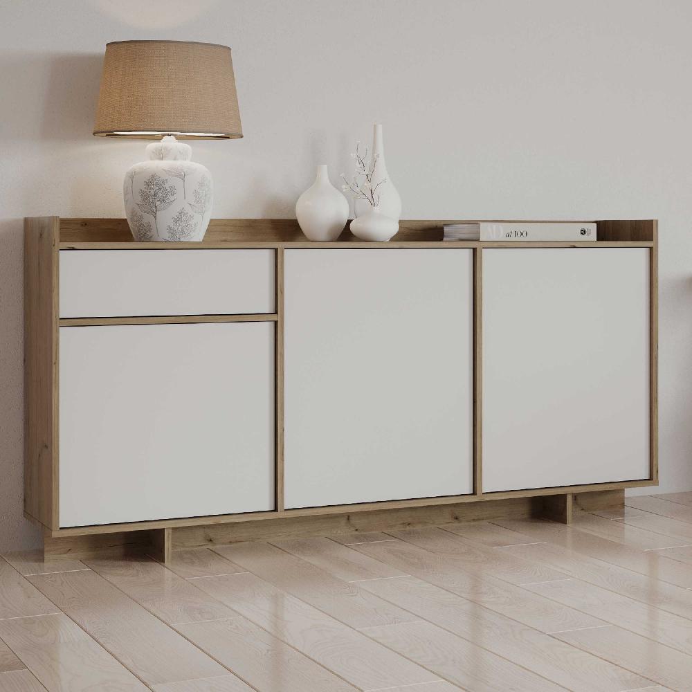 emob Dressoir Leda - 157x36x82cm - 3 deuren & 1 lade - wit/eikdecor