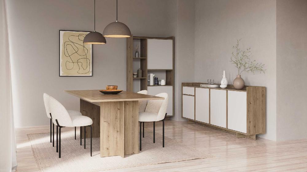 Emob Dressoir Leda - 209x36x82cm - 4 Deuren & 1 Lade - Wit/eikdecor