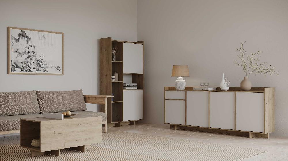 Emob Dressoir Leda - 209x36x82cm - 4 Deuren & 1 Lade - Wit/eikdecor