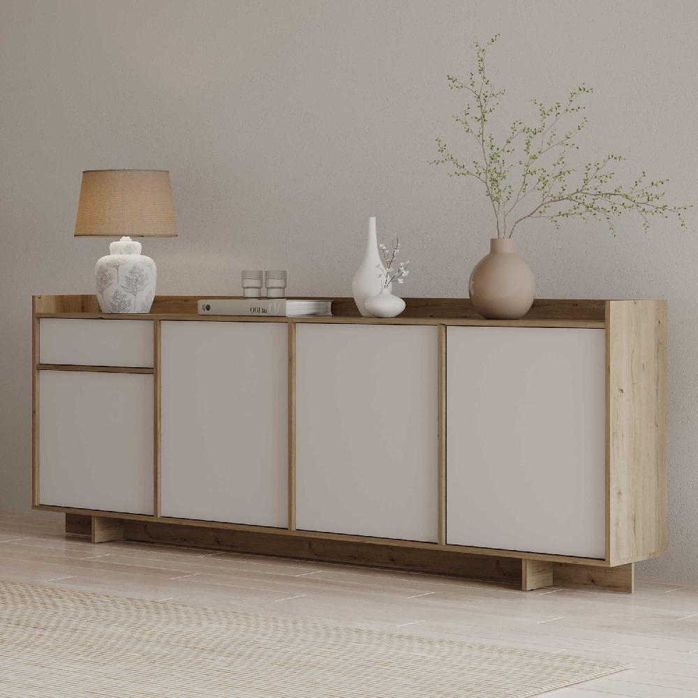 emob Dressoir Leda - 209x36x82cm - 4 deuren & 1 lade - wit/eikdecor