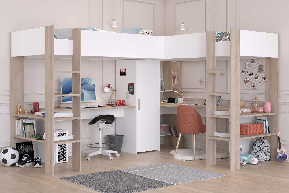 emob Dubbele hoogslaper Alexandrie - 90x200 - met bureau - eik/wit