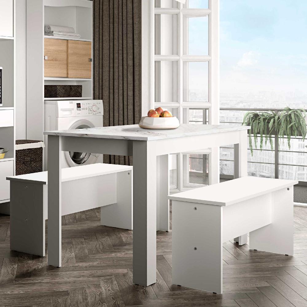 emob Eettafel Nice 110x70cm met 2 banken - wit/marmer