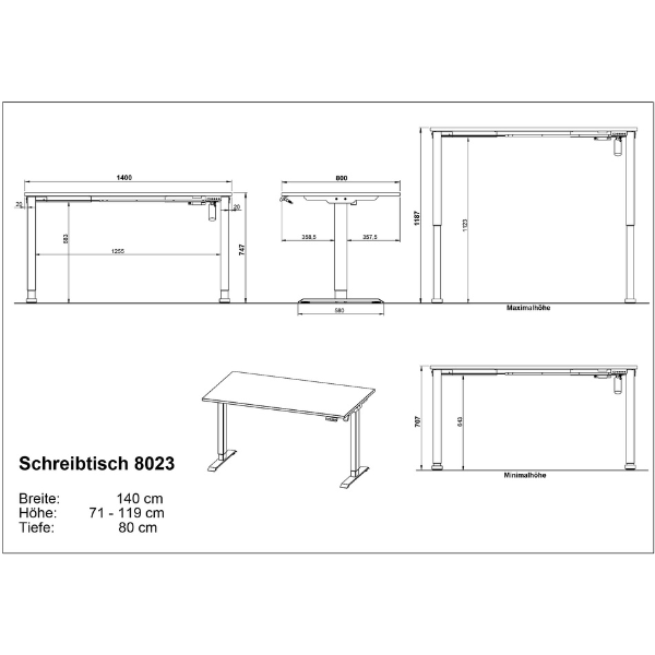 Emob Elektrisch Verstelbaar Bureau Ergoflex - 140x80x120cm - Lichtgrijs/zwart