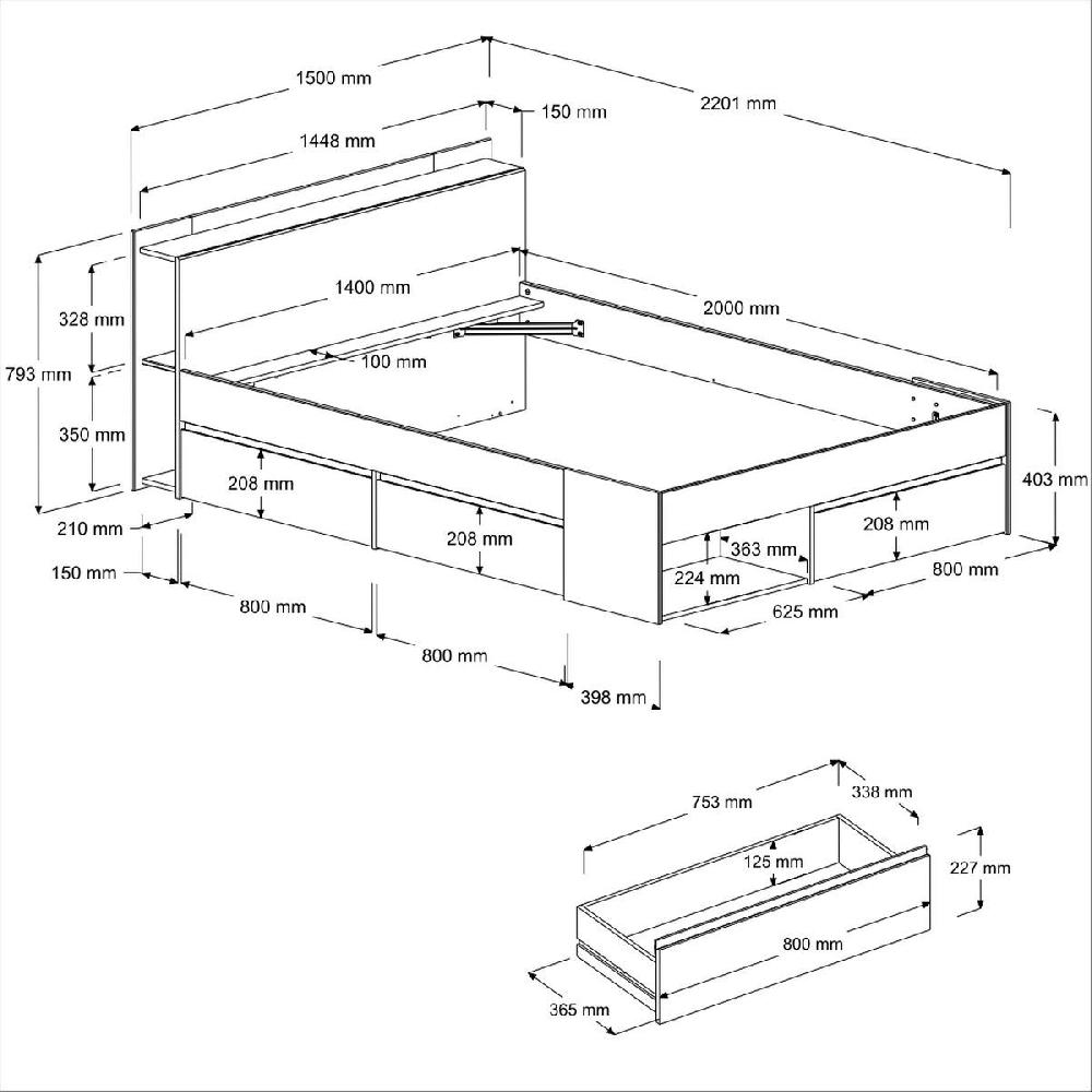 Emob Bed Most 140x190/200cm Met Lades - Walnoot