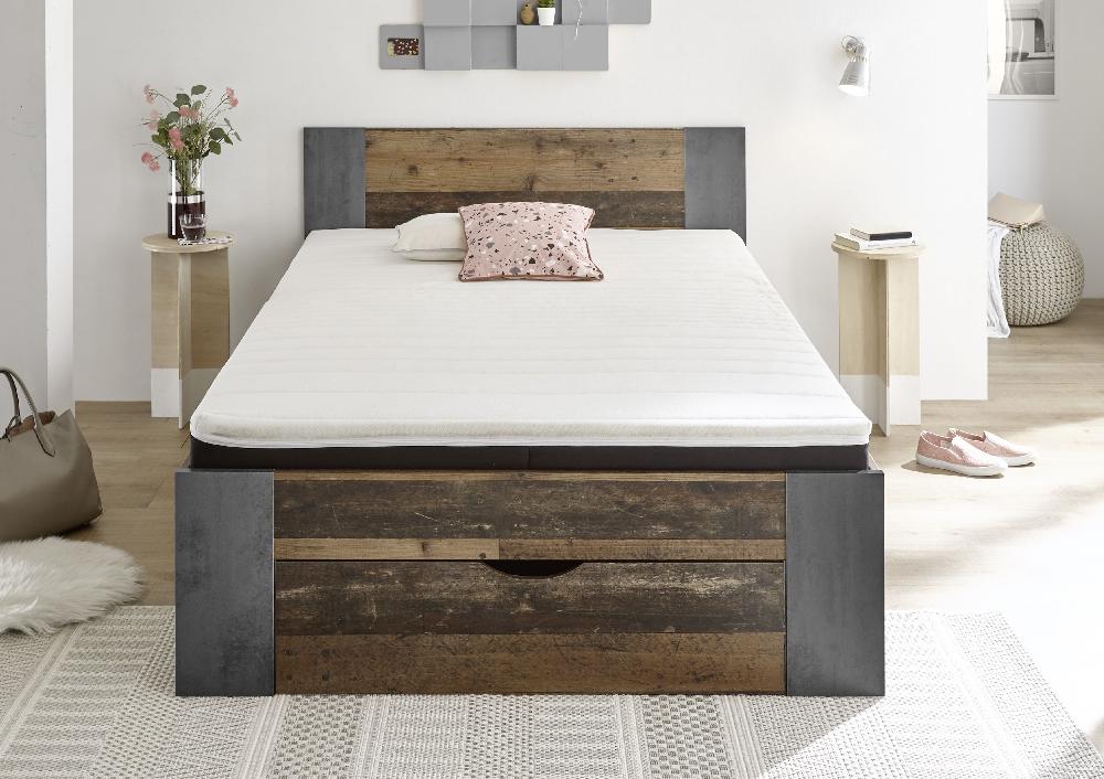 Emob Bed Rudi 140x200 Met 1 Lade - Old Style/beton