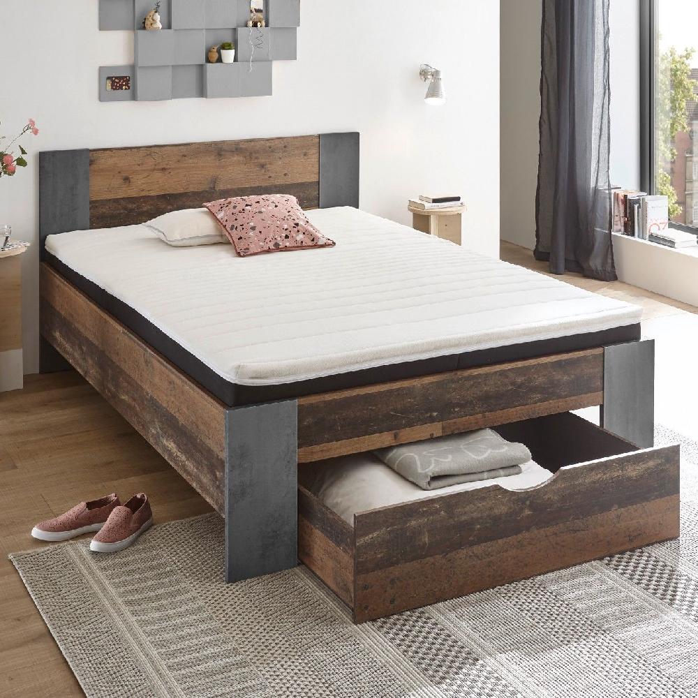 emob Bed Rudi 140x200 met 1 lade - old style/beton