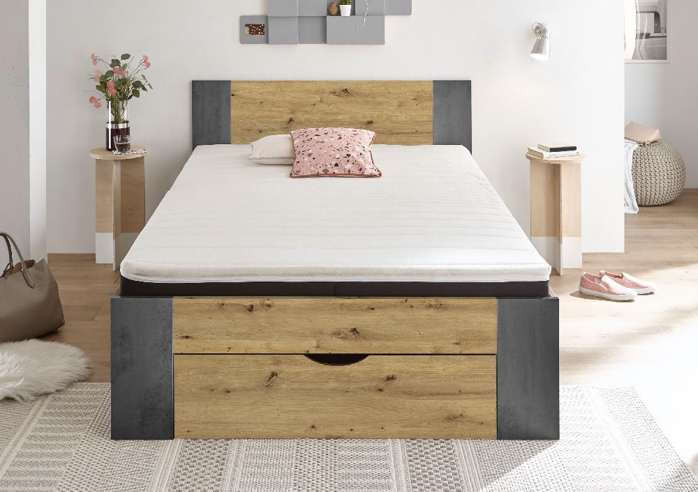 emob Bed Rudi 140x200 met 1 lade - oude eik/beton