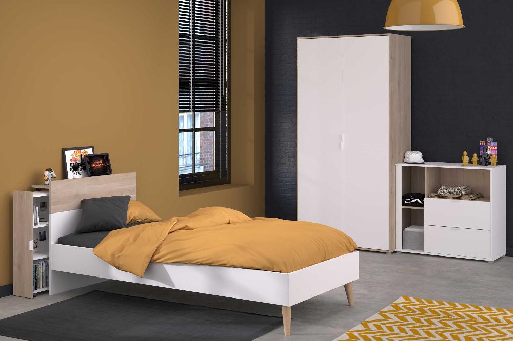 Emob Eenpersoonsbed Hardy - 90x200cm - Wit/eikdecor
