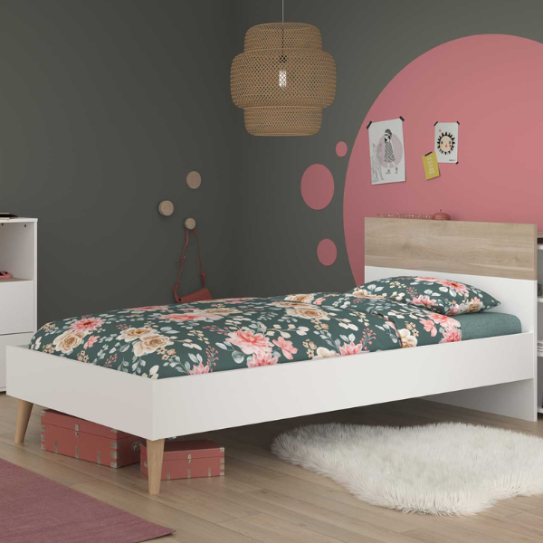 emob Eenpersoonsbed Hardy - 90x200cm - wit/eikdecor