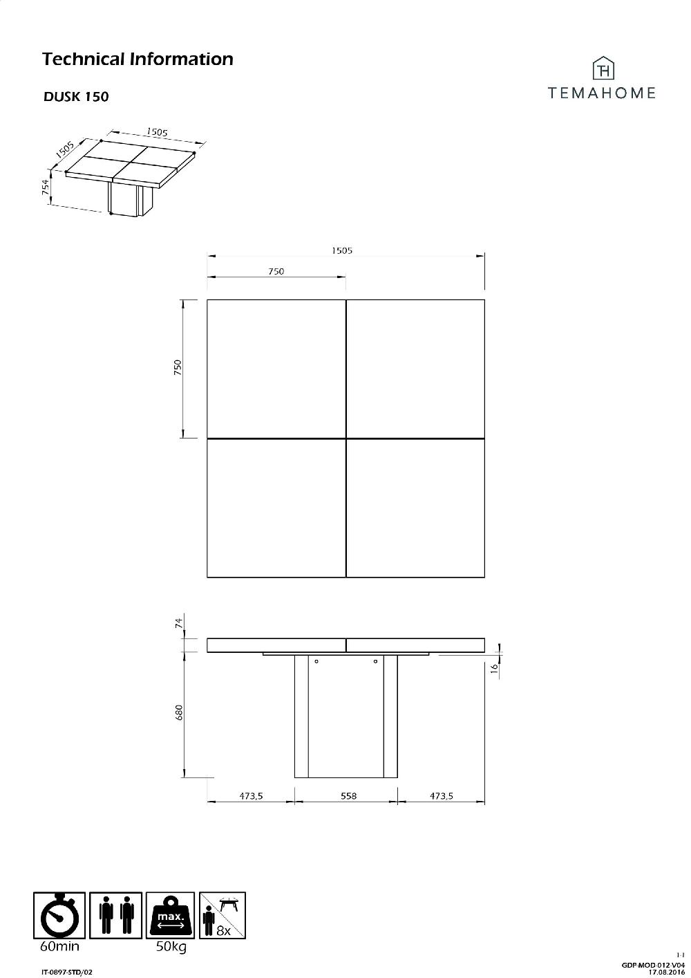 Emob Eettafel Mundus 150 X 150 Cm - Hoogglans Wit