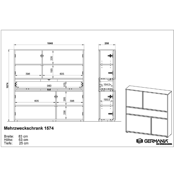 Emob Opbergkast Amika - 4 Deuren & 1 Lade - Grafiet