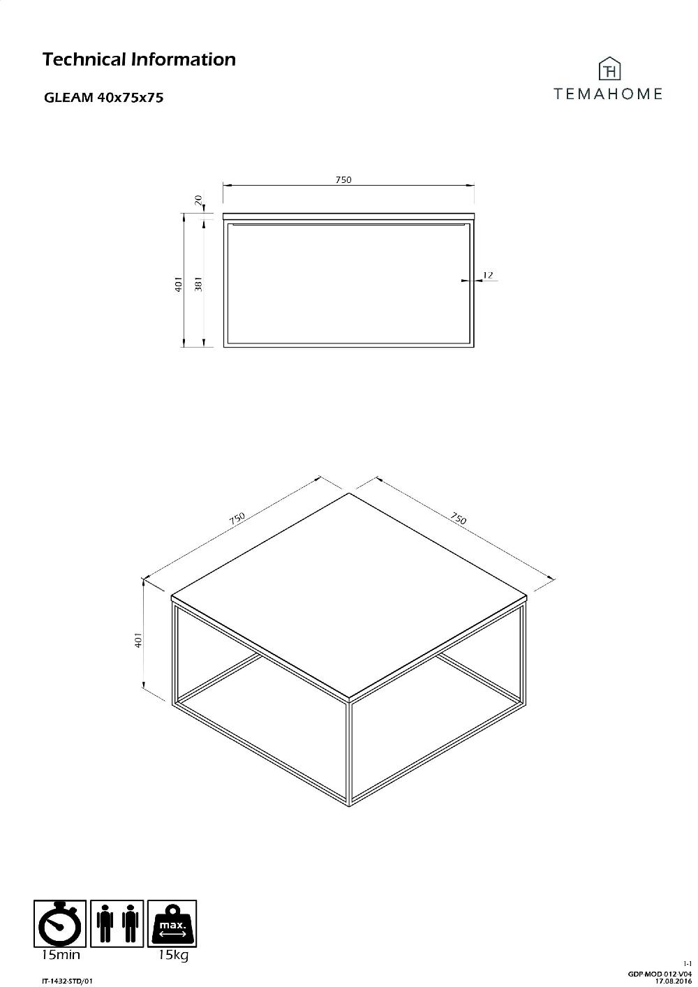 Emob Salontafel Gleam 75x75 - Eik/staal