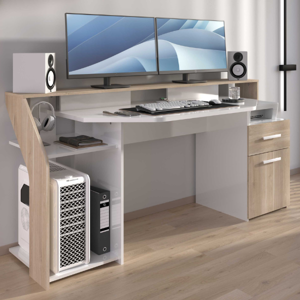 emob Gamingbureau Sylver met ledverlichting - eikdecor/hoogglans wit