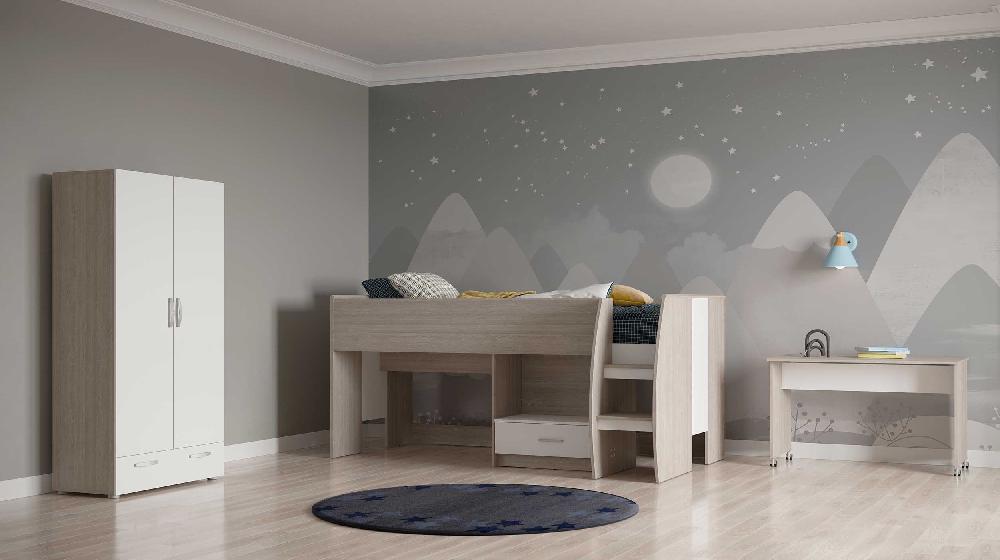 Emob Halfhoogslaper Noni - 90x200 - Met Bureau En Opbergruimte - Eik/wit