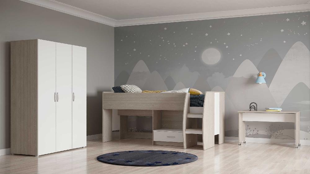 Emob Halfhoogslaper Noni - 90x200 - Met Bureau En Opbergruimte - Eik/wit