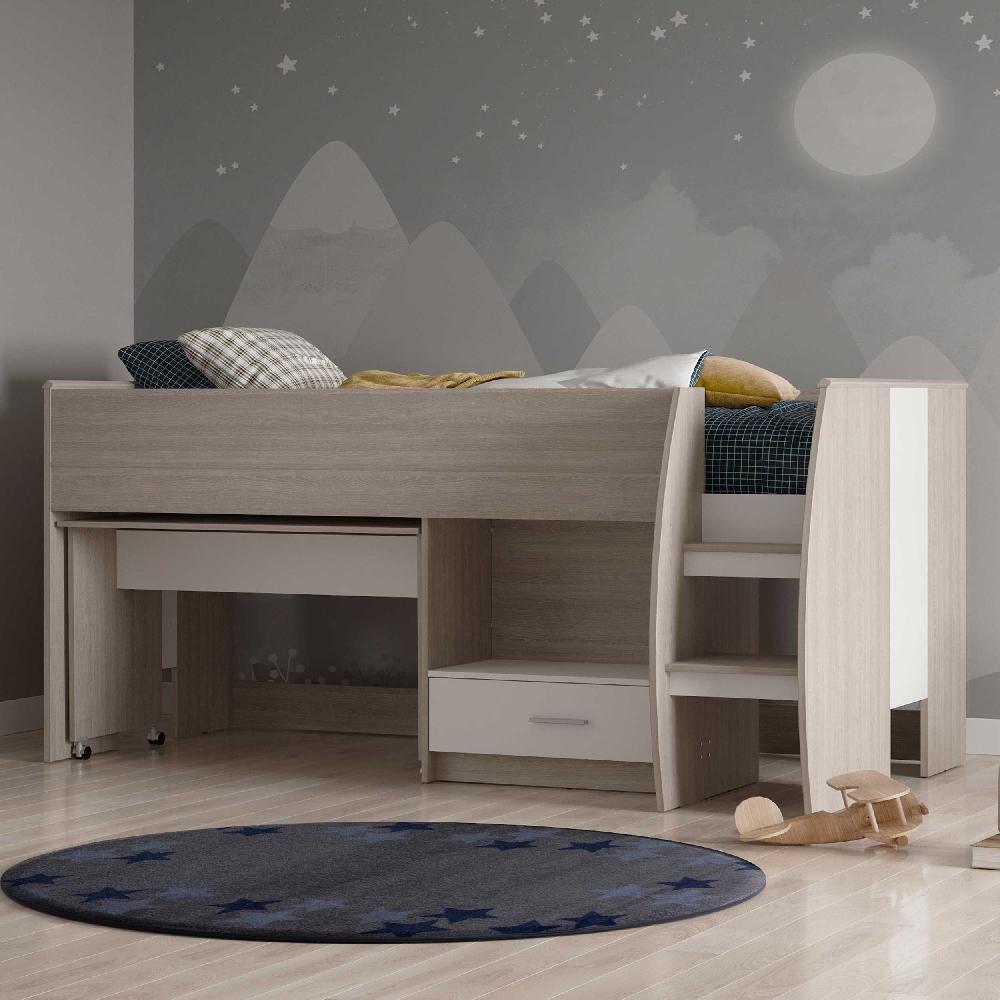 emob Halfhoogslaper Noni - 90x200 - met bureau en opbergruimte - eik/wit