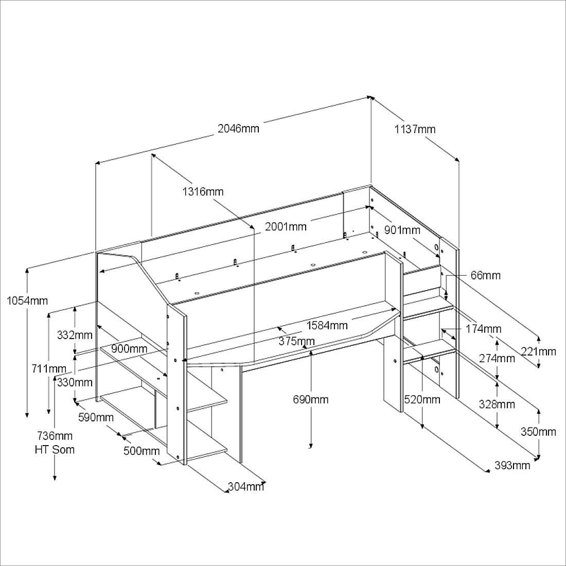 Emob Halfhoogslaper Shelby - 90x200 - Met Bureau En Opbergruimte - Wit/eikdecor