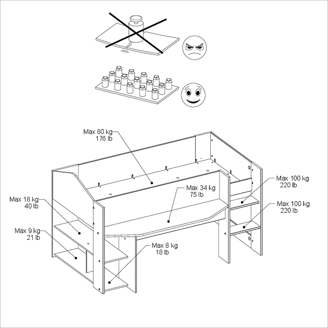 Emob Halfhoogslaper Shelby - 90x200 - Met Bureau En Opbergruimte - Wit/eikdecor
