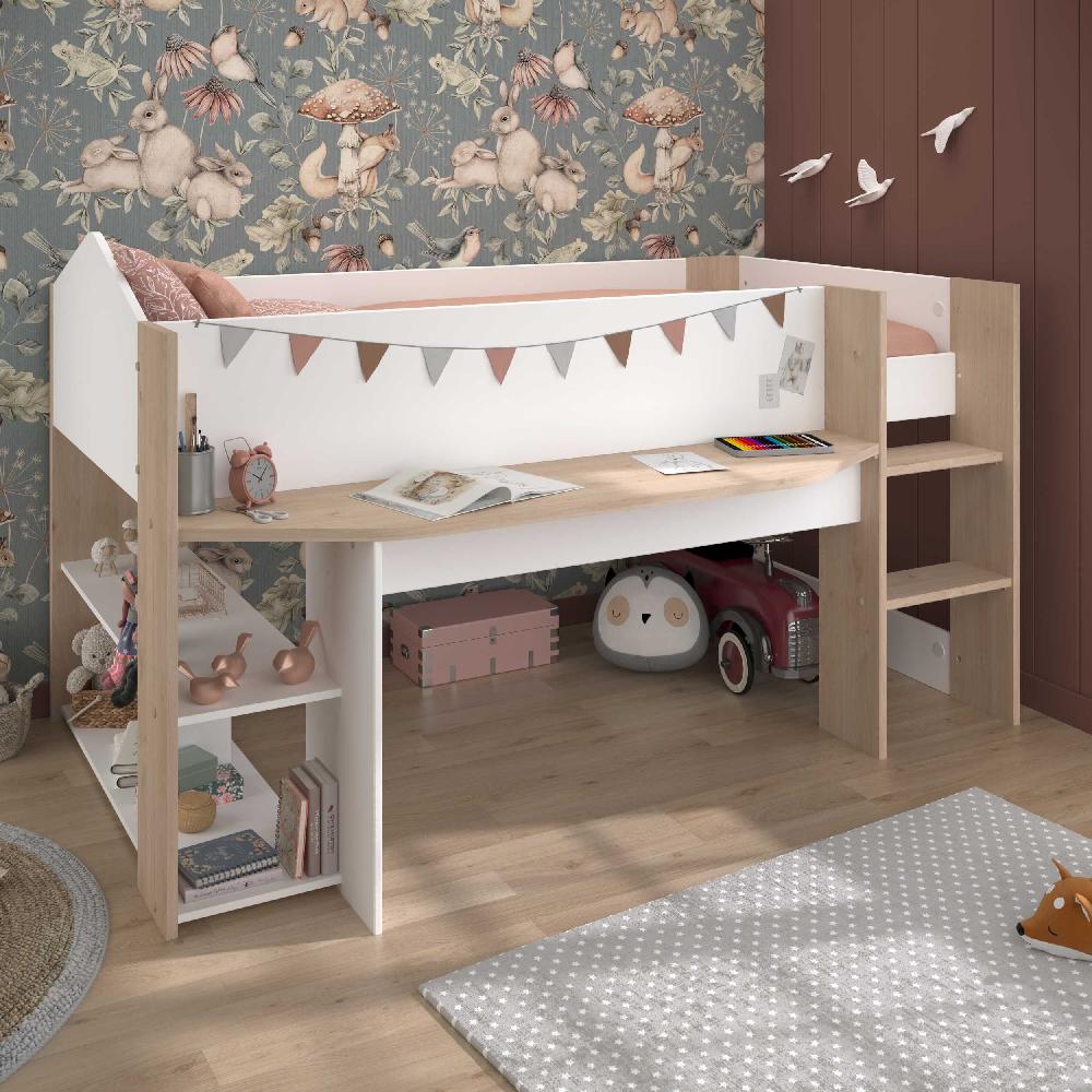 Emob Halfhoogslaper Shelby - 90x200 - Met Bureau En Opbergruimte - Wit/eikdecor