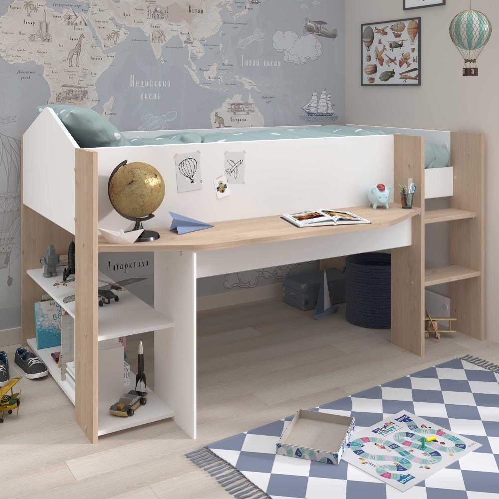 emob Halfhoogslaper Shelby - 90x200 - met bureau en opbergruimte - wit/eikdecor