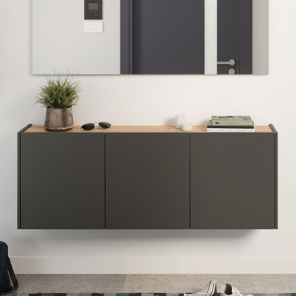 emob Halkast Lydia - 138x25x52cm - 3 deuren - antraciet/eikdecor