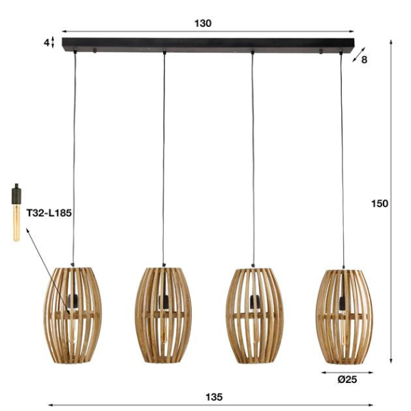 Emob Hanglampenset Henk - 25x135x150 Cm - Massief Mangohout