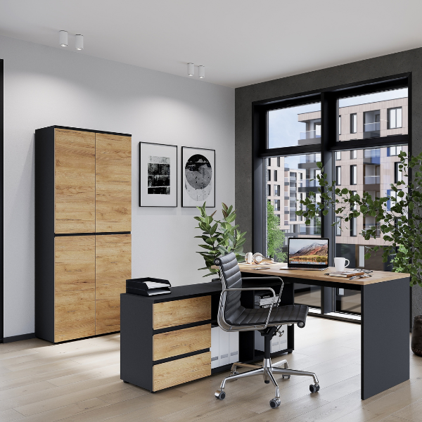 Emob Hoekbureau Miguel Met Opbergruimte - Antraciet/eik