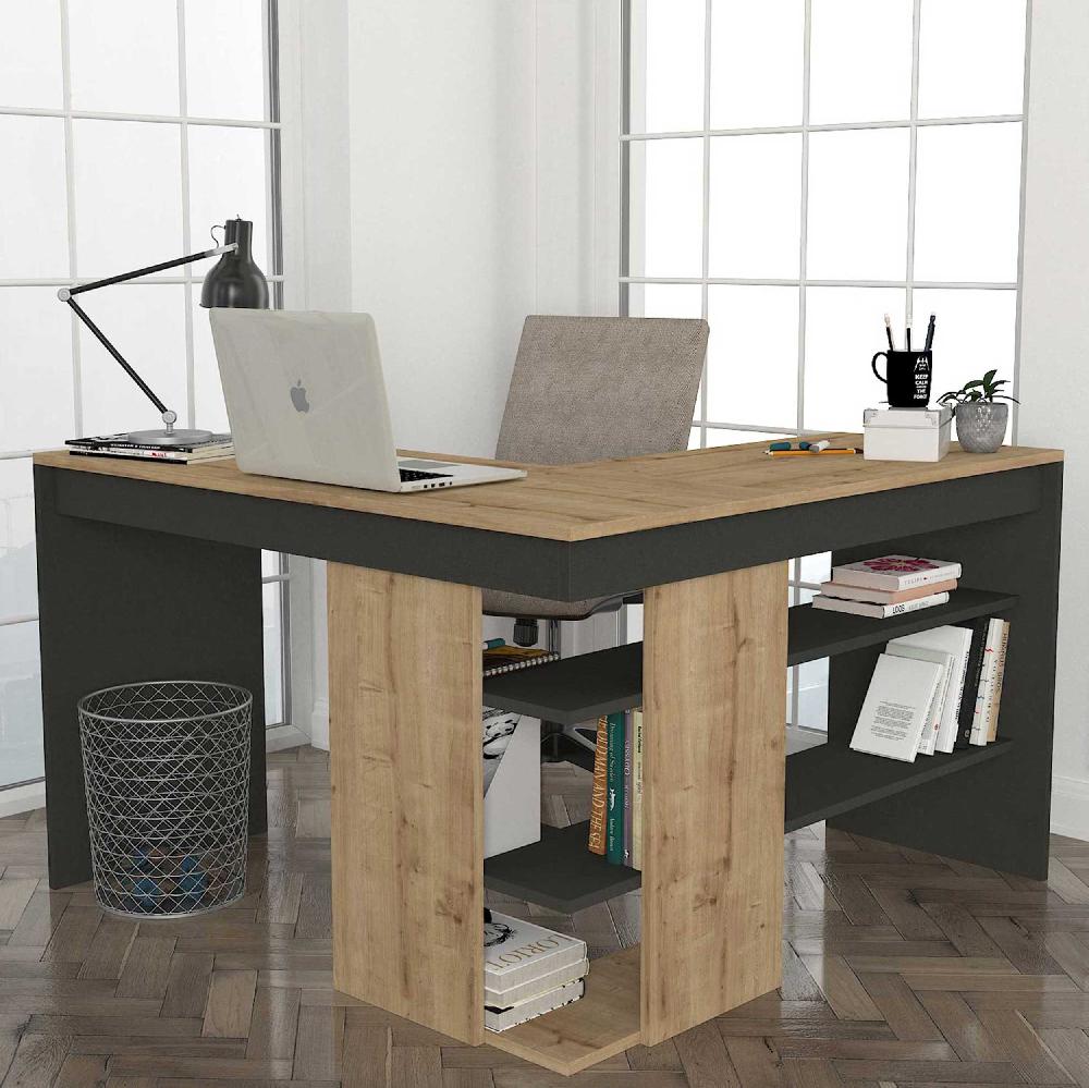 emob Hoekbureau Stylo - 120x45x74cm - met opbergruimte - eikdecor/antraciet
