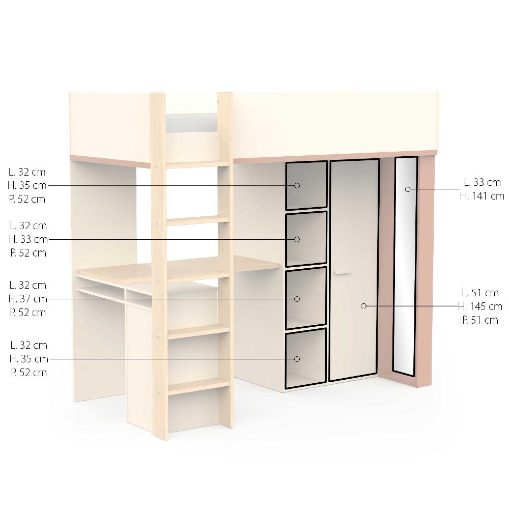 Emob Hoogslaper Camillia - 90x200cm - Met Bureau En Opbergruimte - Beige/terracotta