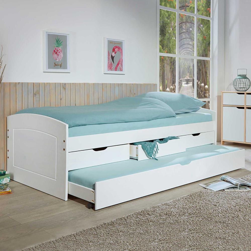 emob Kajuitbed Rieka 90x200 met 3 laden en logeerbed - wit