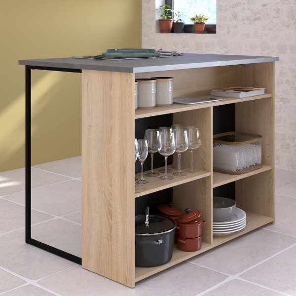 emob Keukeneiland Fumay 109x80x90cm met 5 open vakken - eikdecor/betonlook