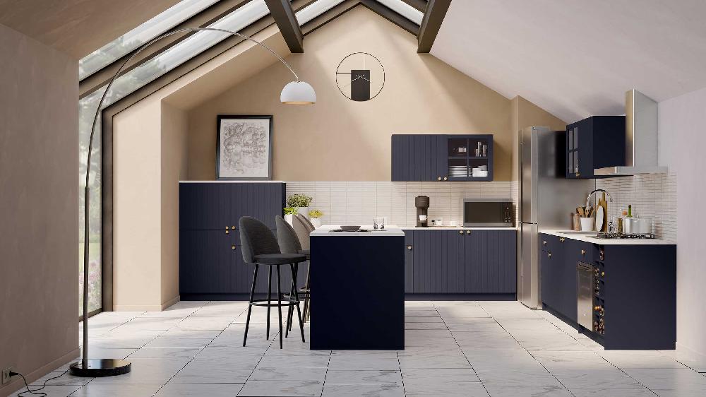 Emob Keukenkast Chester - 1 Deur & 1 Lade - Met Flessenrek - Indigo/marmer