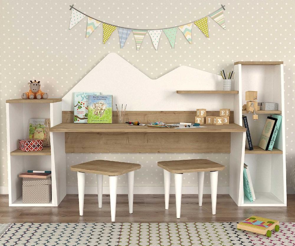 emob Kinderbureau Yuna - met opbergruimte - met krukjes - wit/eikdecor