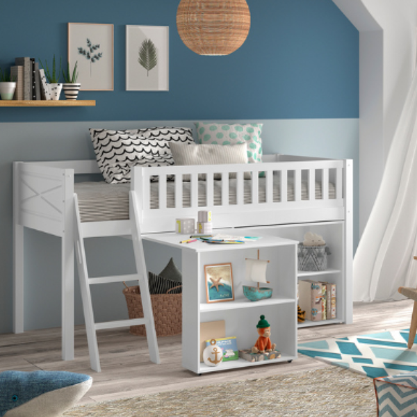 emob Kinderkamerset Scott - Halfhoogslaper bureau & boekenkast - Wit