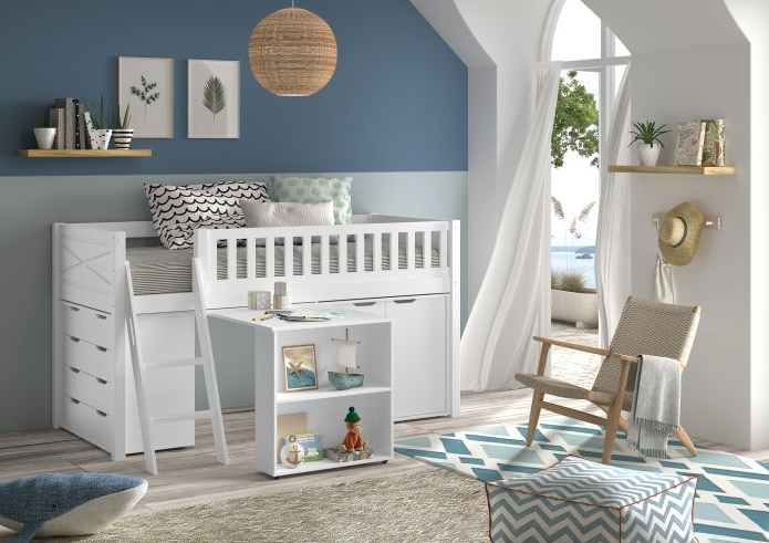 Emob Kinderkamerset Scott - Halfhoogslaper Bureau Opbergkast & Commode - Grenenhout/wit