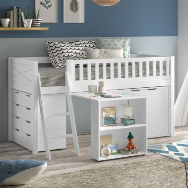 emob Kinderkamerset Scott - Halfhoogslaper bureau opbergkast & commode - Grenenhout/wit