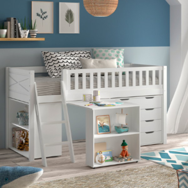 emob Kinderkamerset Scott - Halfhoogslaper commode bureau & boekenkast - Wit
