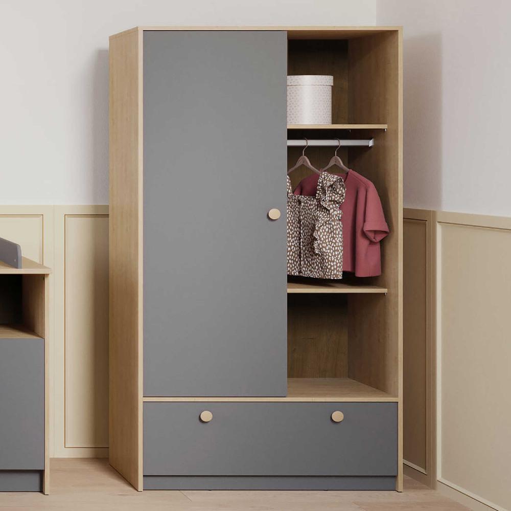 emob Kledingkast Gamin - 1 deur & 1 lade - eikdecor/donkergrijs