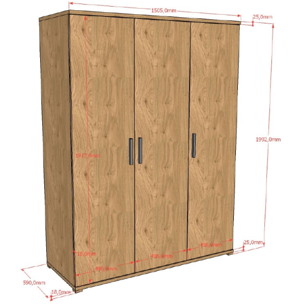 Emob Kledingkast Sammie - 150x59x199cm - 3 Deuren - Eikdecor