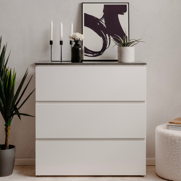 emob Ladekast Bresse - 89x40x92cm - 3 lades - hoogglans wit/antraciet