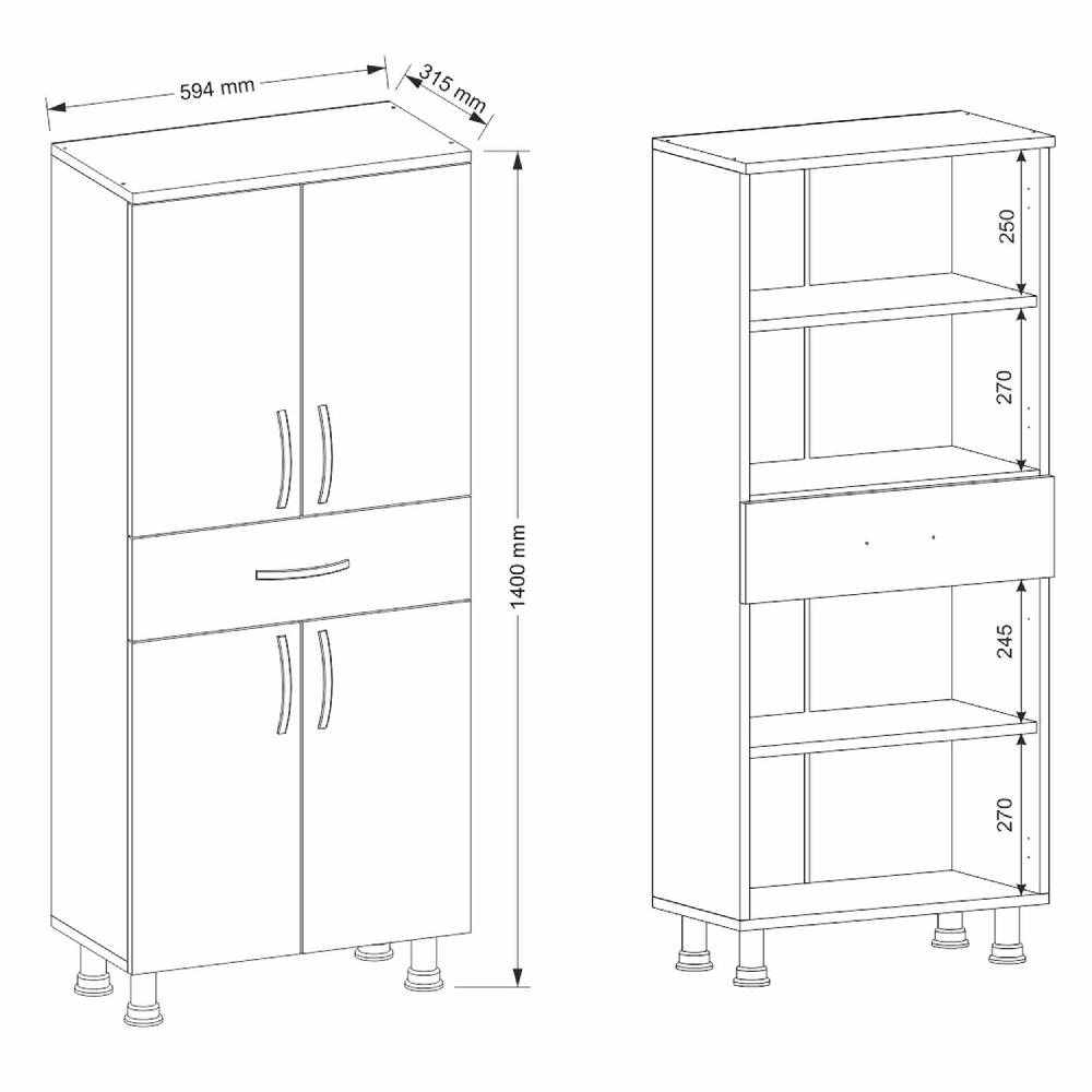 Emob Opbergkast Moses - 59x31x140cm - 4 Deuren & 1 Lade - Wit
