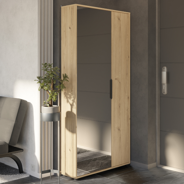 emob Schoenenkast Ebony 83x24x178cm - met spiegel - eikdecor