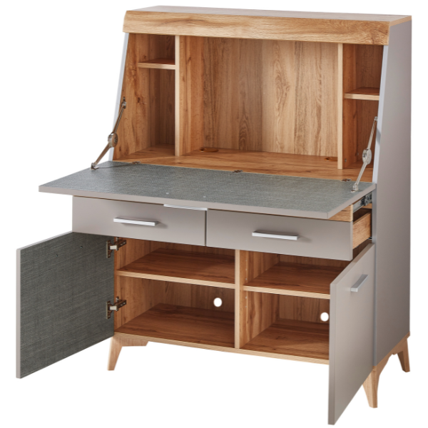 Emob Secretaire Vanya Met 3 Deuren & 2 Lades - Grijs/eik