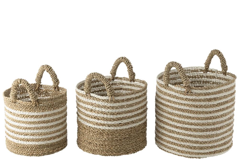 Emob Set Van Drie Manden Gestreept Raffia Wit/naturel