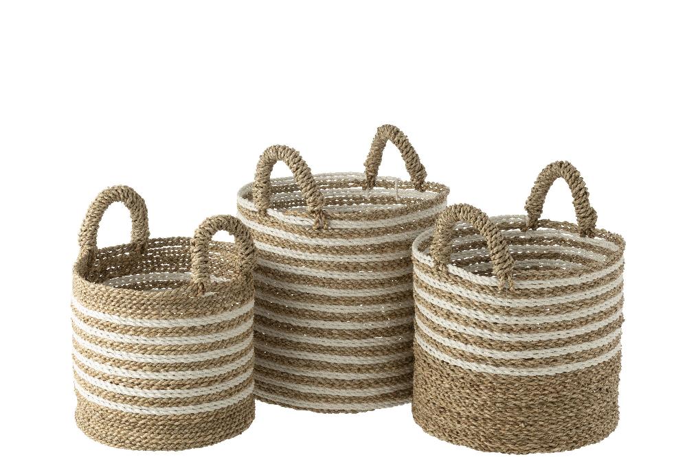 emob Set van drie manden gestreept raffia wit/naturel