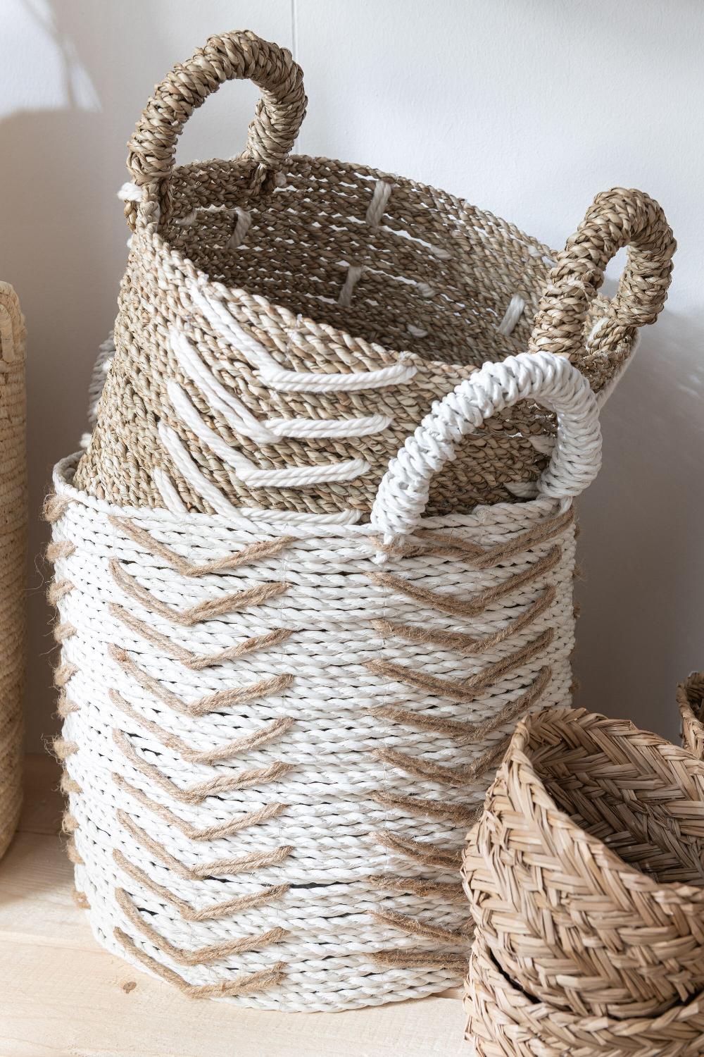 Emob Set Van Twee Manden Chevron Raffia Wit/naturel