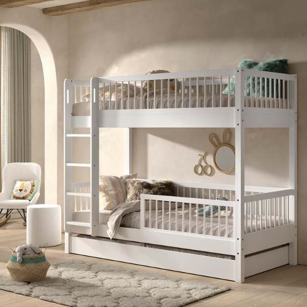 emob Stapelbed Forrest 90x200cm met bedlade en bedhekje - wit beukenhout