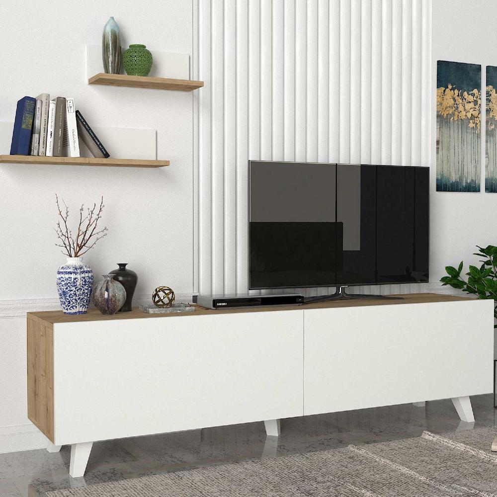 emob Tv-meubel Amerie - met 2 wandplanken - 2 deuren - wit/eikdecor