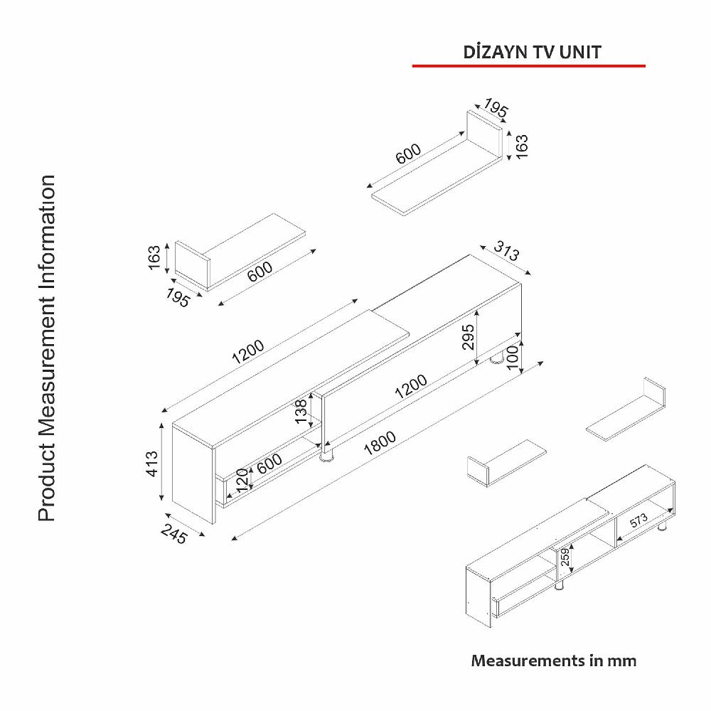 Emob Tv-meubel Dizayn - 181x31x41cm - Met 1 Deur & 2 Wandplanken - Wit