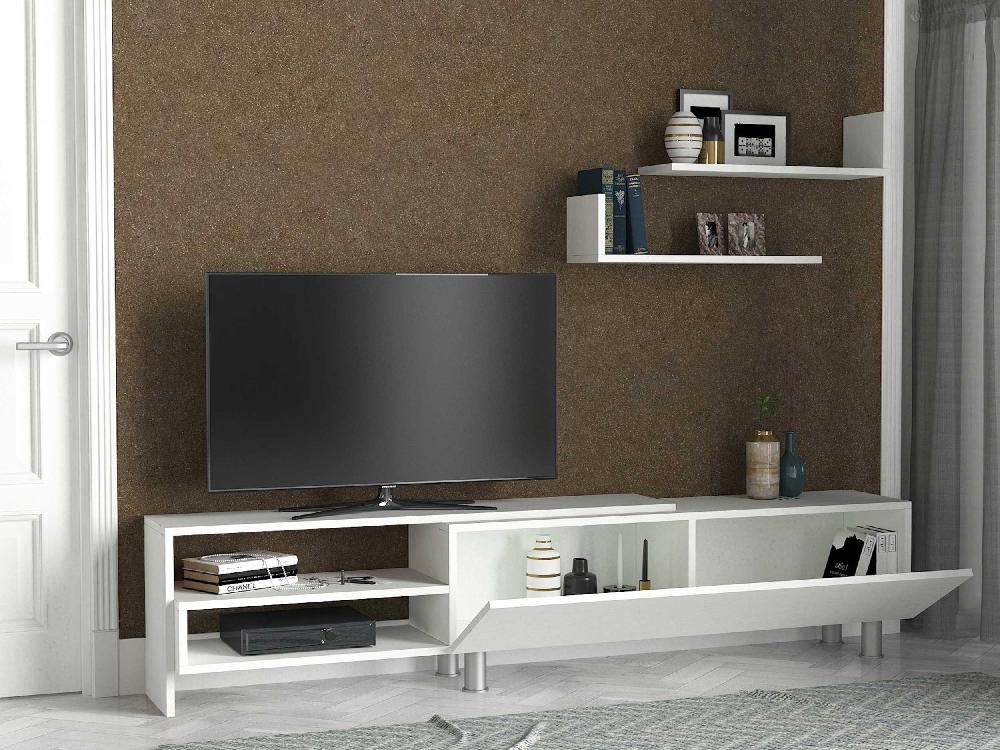 Emob Tv-meubel Dizayn - 181x31x41cm - Met 1 Deur & 2 Wandplanken - Wit